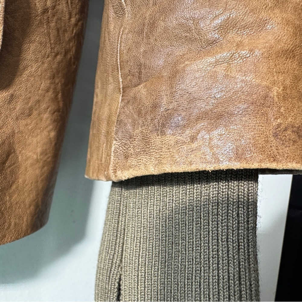 Y2K Danier Brown Leather Utility Jacket Snap Front Stand Collar Size Small - Picture 15 of 16